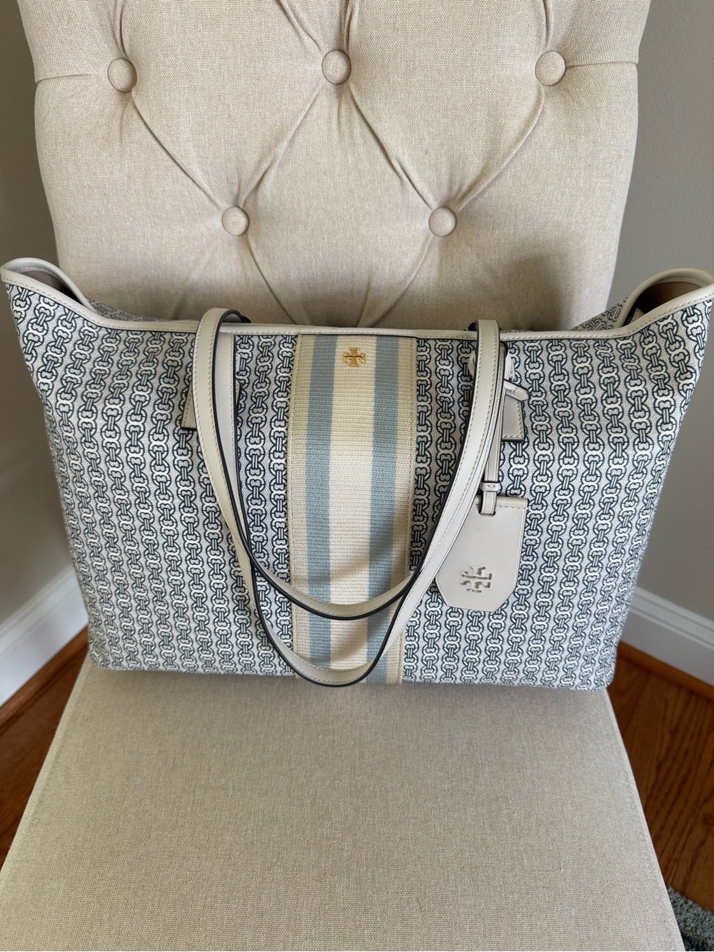 Tory Burch Cream and Blue-Striped Monogram Canvas Tote
